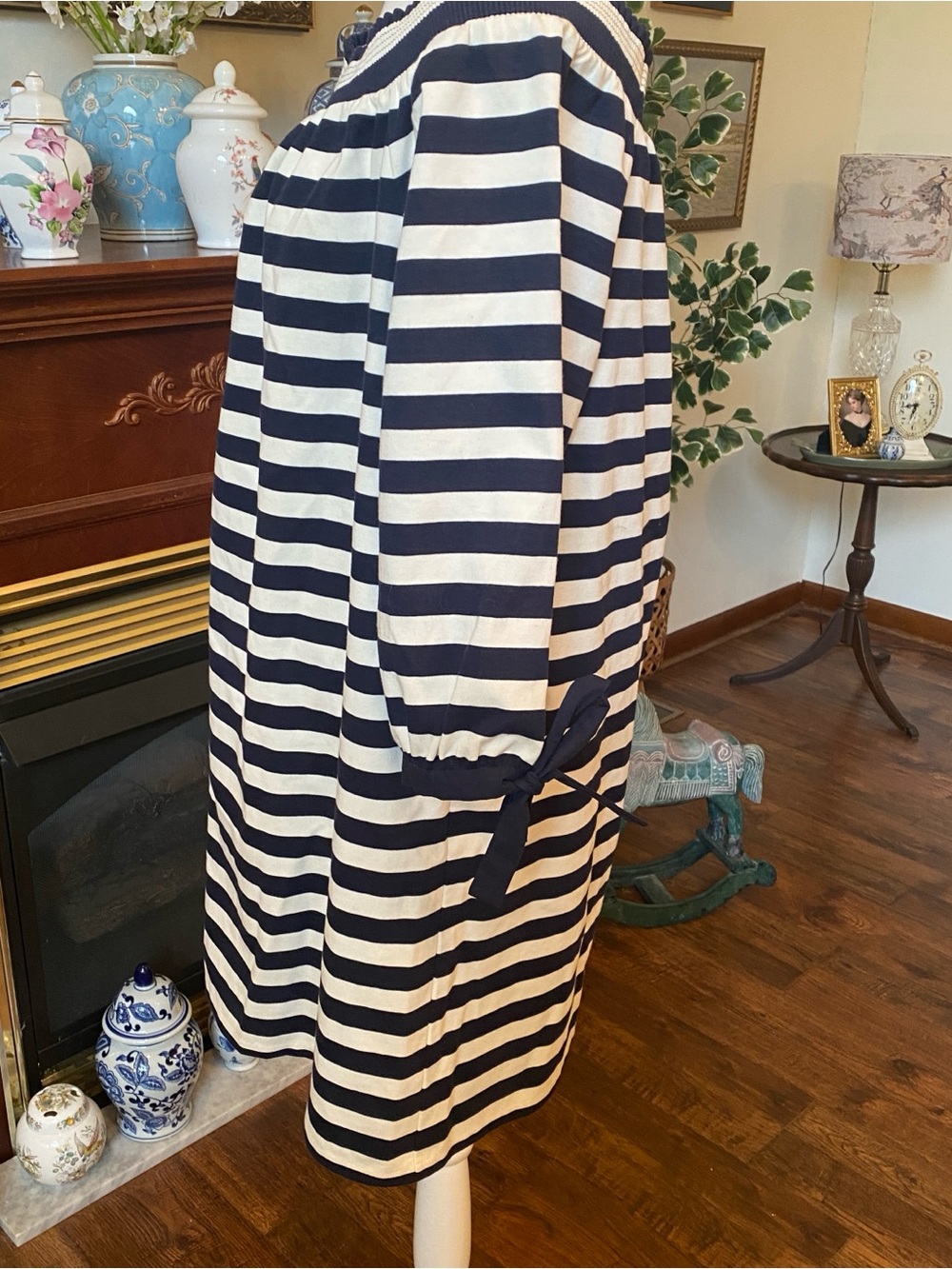 J.Crew • Navy Stripe Off Shoulder Dress • Nautical Coastal Preppy Cotton • XL - Picture 3 of 7
